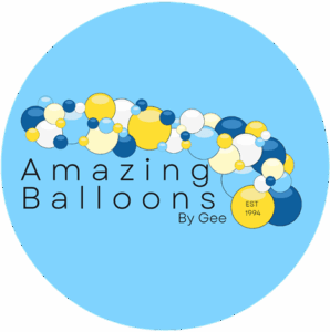 Amazing Balloons logo with blue and yellow balloons