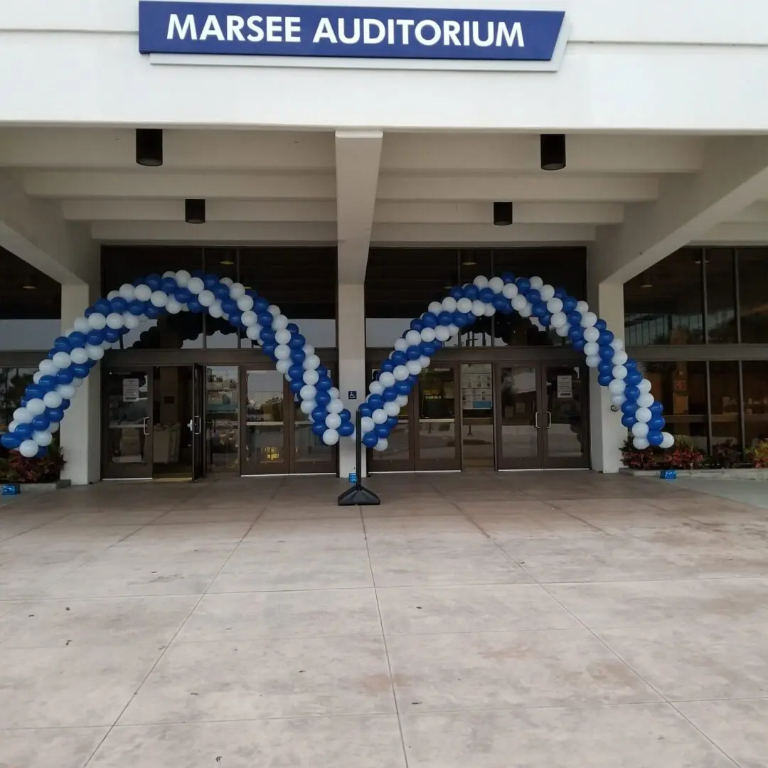 Marsee Auditorium entrance with blue-and-white balloons