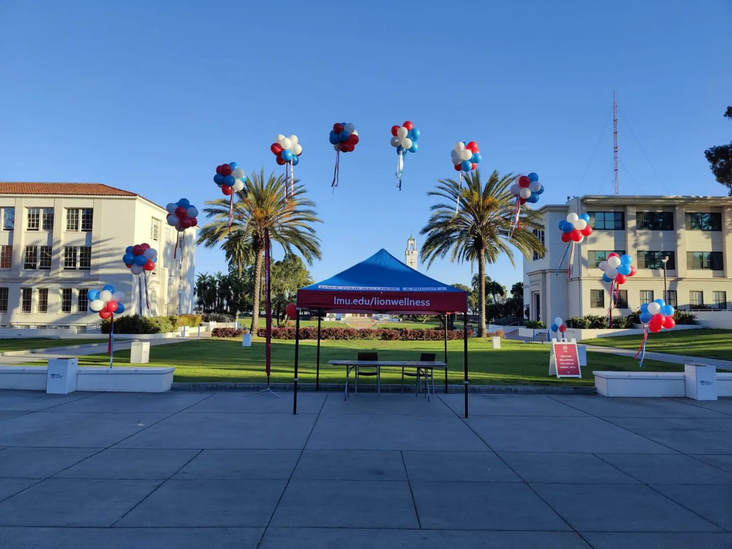 Campus wellness tent with balloons and palm trees