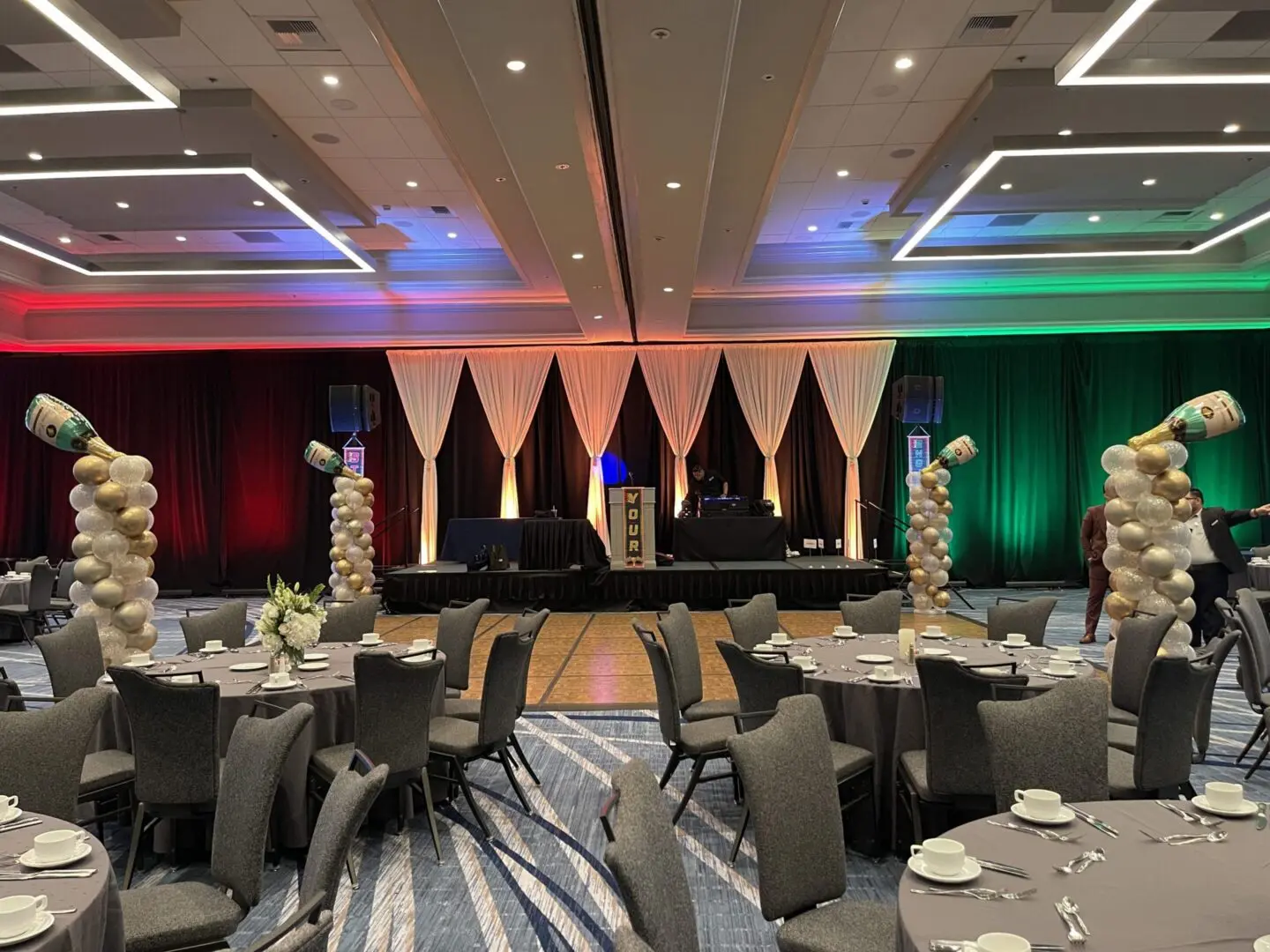 Banquet hall with champagne balloon columns