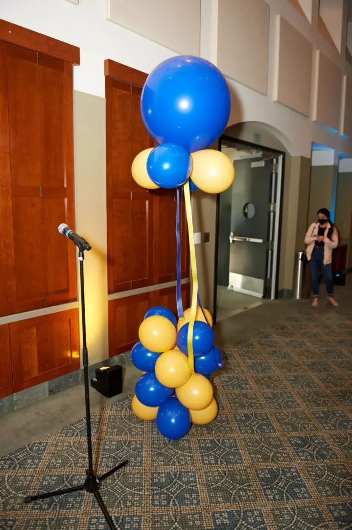 Blue and yellow balloon column beside microphone